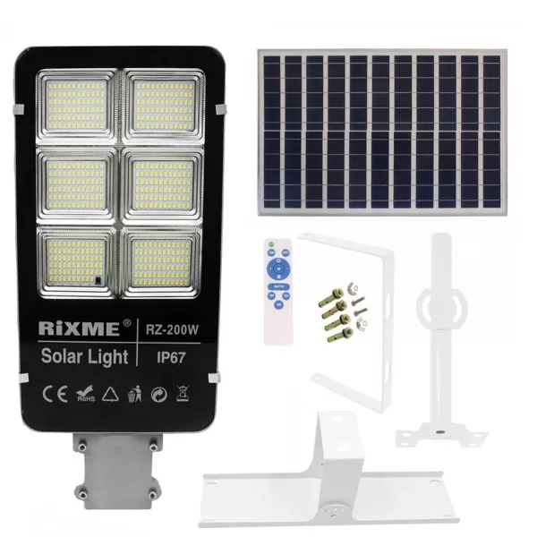 LED Αδιάβροχο Ηλιακό Φωτιστικό Δρόμου 200W 34400LM με Βάση Στήριξης και Τηλεχειριστήριο Rixme RZ-200W