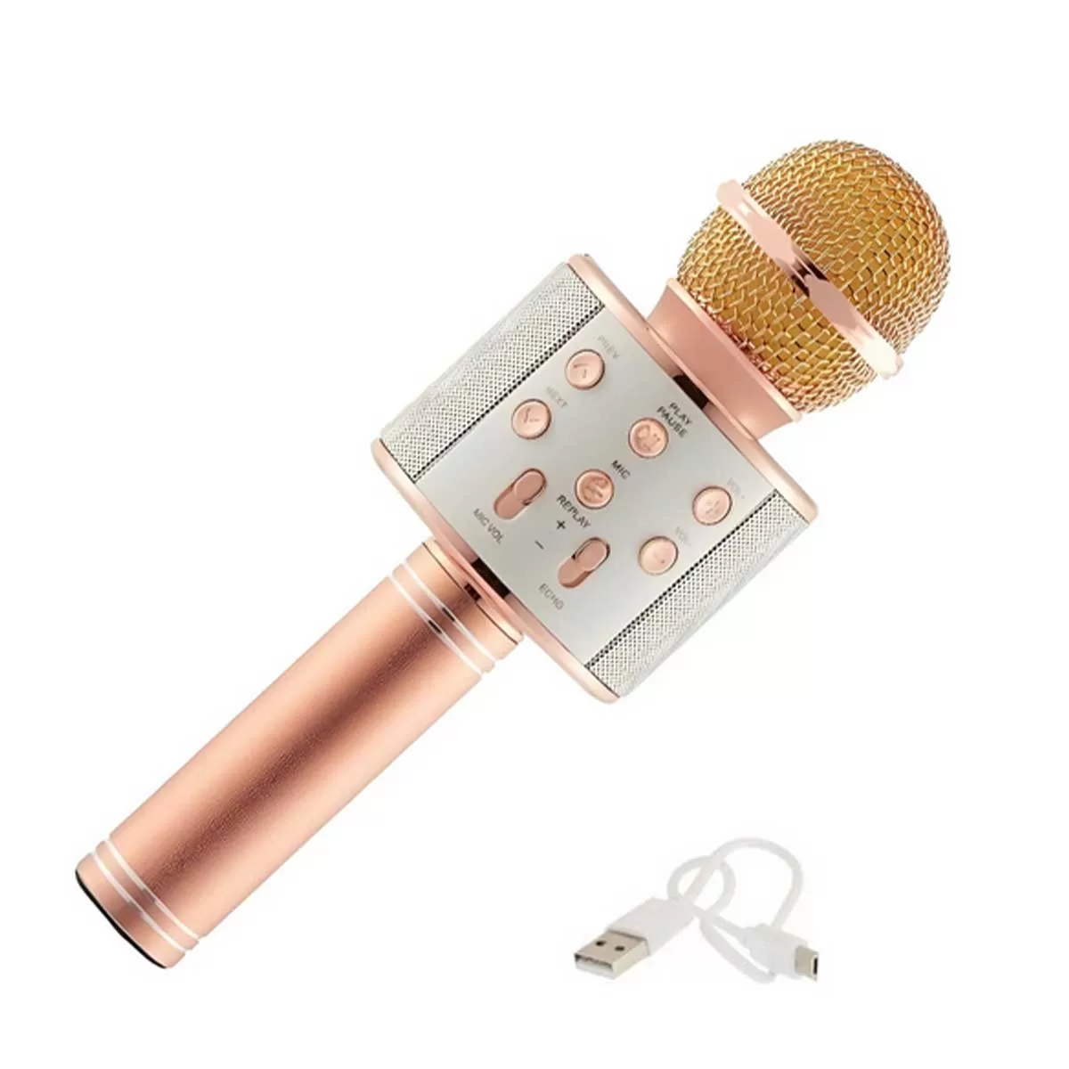 Αυτόνομο Ασύρματο Μικρόφωνο Karaoke με Ηχείο και Λειτουργία Εγγραφής Φωνής WS-858 Ροζ – Χρυσό