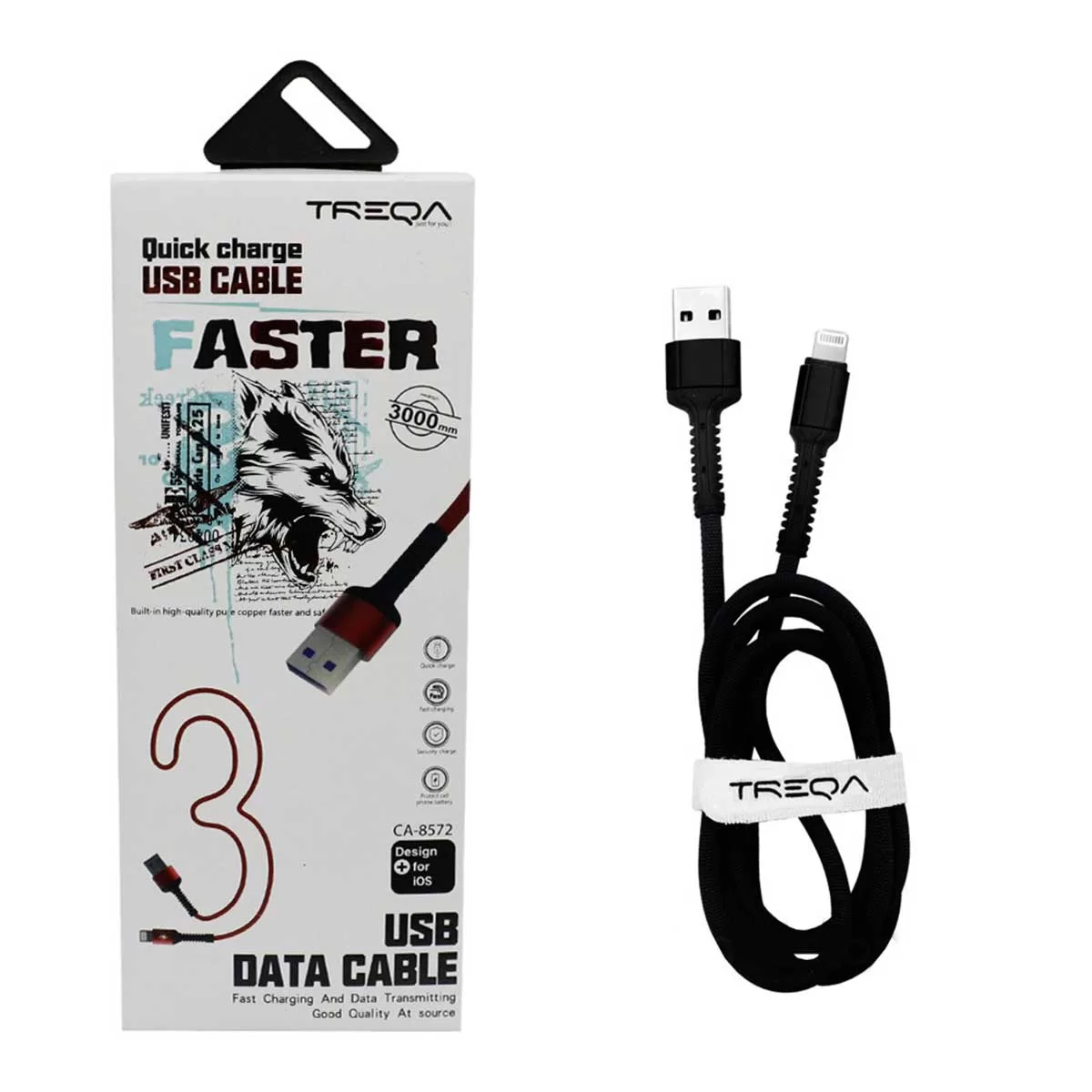 Καλώδιο Γρήγορης Φόρτισης και Μεταφοράς Δεδομένων 3m USB 3.1A σε Lightning Treqa CA-8572-B Μαύρο
