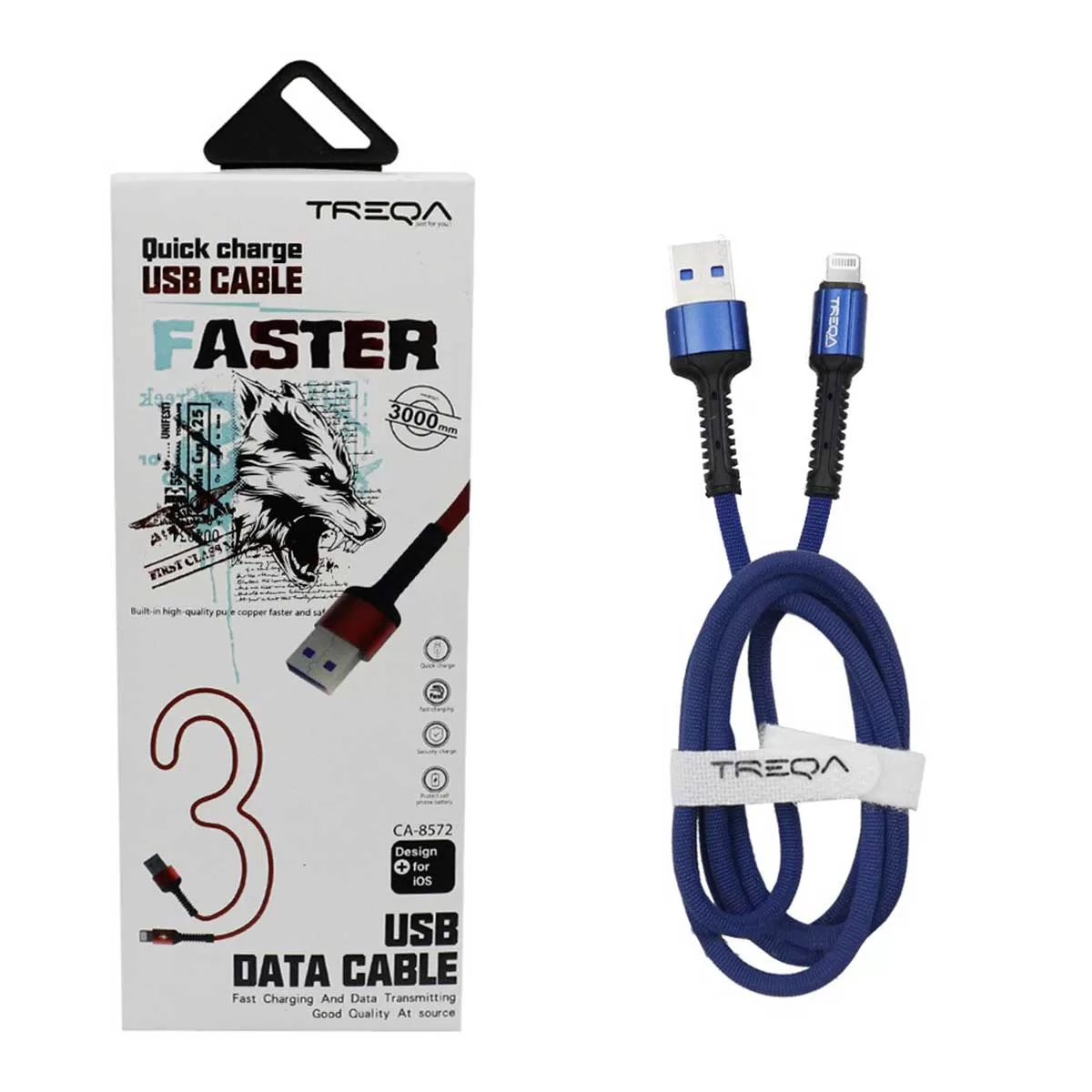 Καλώδιο Γρήγορης Φόρτισης και Μεταφοράς Δεδομένων 3m USB 3.1A σε Lightning Treqa CA-8572-BL Μπλε