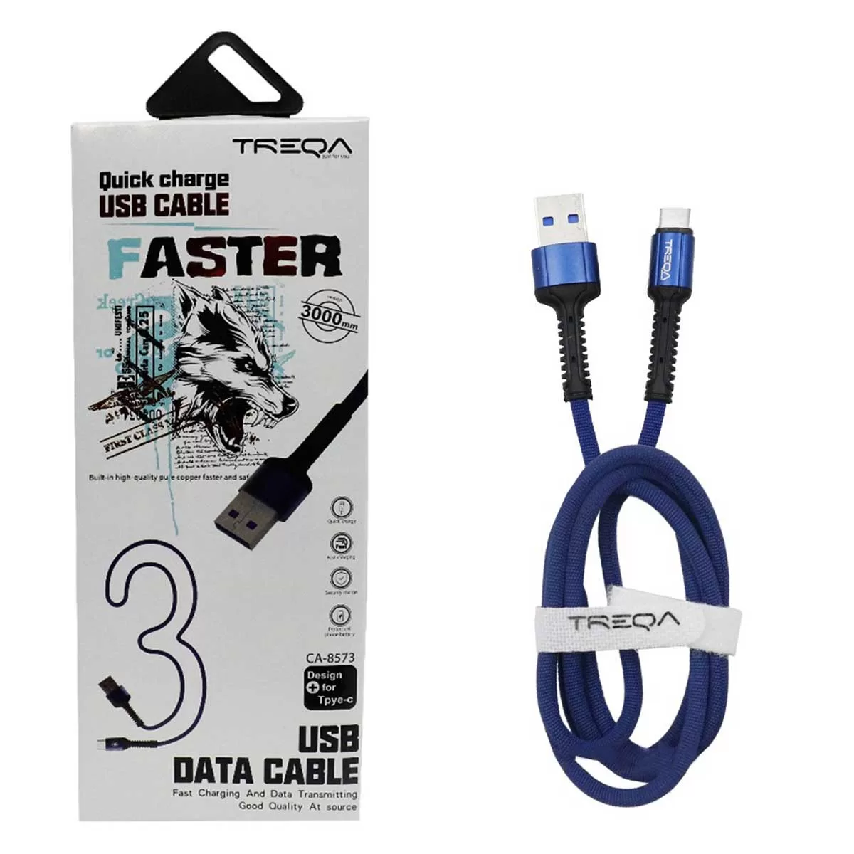 Καλώδιο Γρήγορης Φόρτισης και Μεταφοράς Δεδομένων 3m USB 3.1A σε Type-c Treqa CA-8573-BL Μπλε