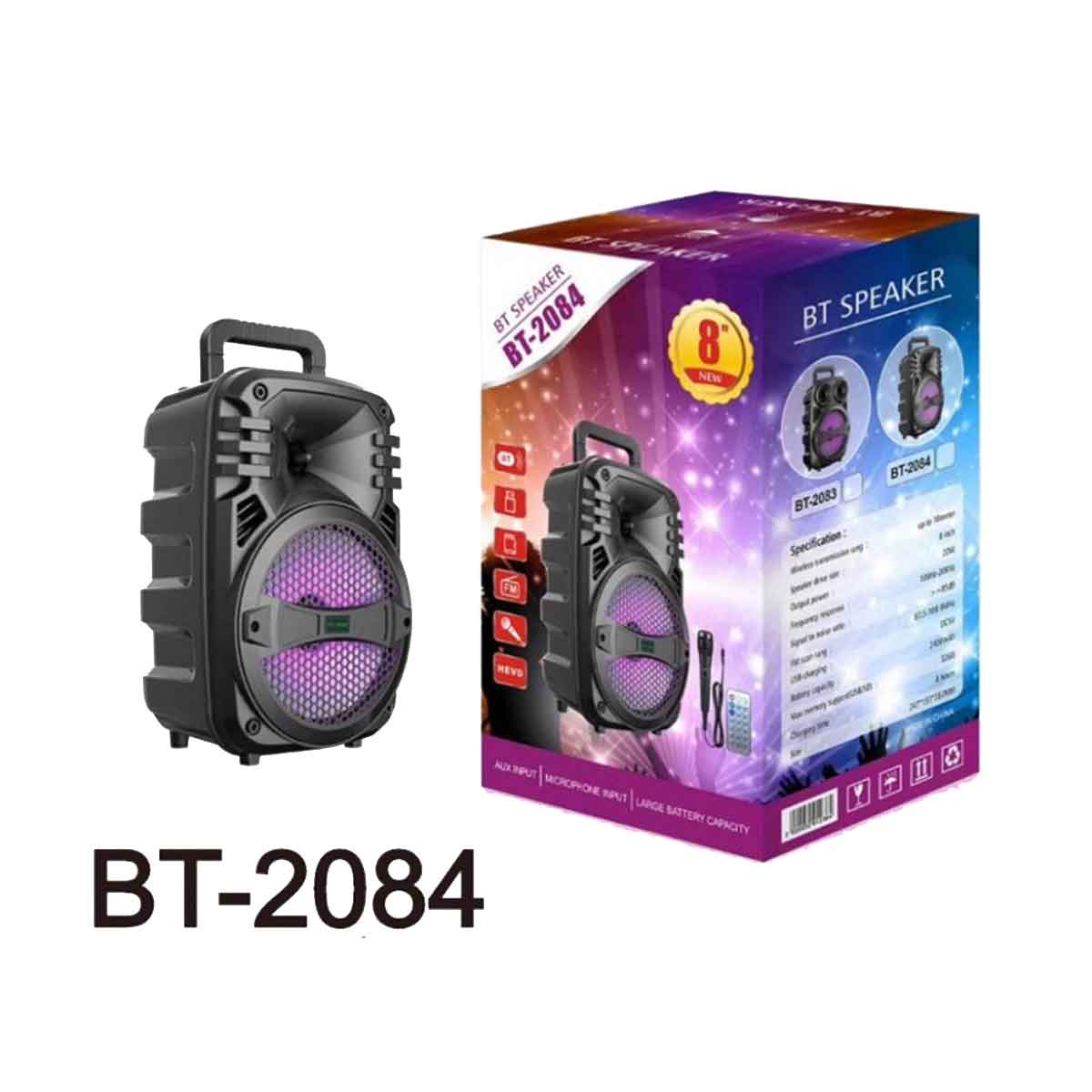 Σύστημα Karaoke 8″ Bluetooth με Ενσύρματο Μικρόφωνο και FM, USB, AUX, TF BT-2084 Μαύρο