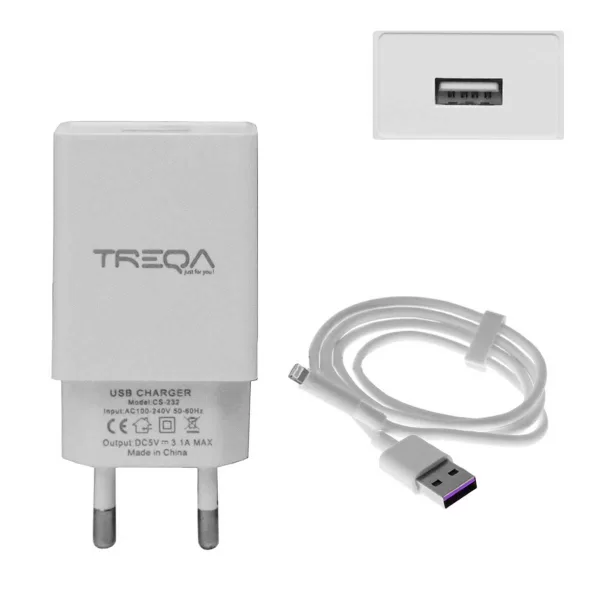 Φορτιστής Ταχείας Φόρτισης με 1 Θύρα USB 3.1A και Καλώδιο Lightning 1m Treqa CS-232 Λευκό