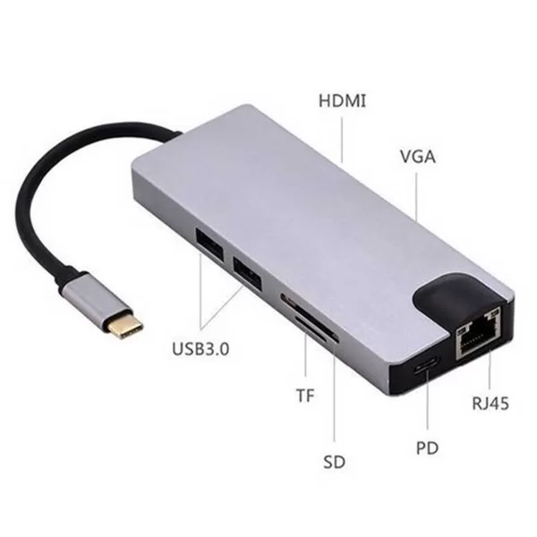 Μετατροπέας 8 σε 1 Τype C σε HDMI – VGA – 2 x USB 3.0 – Type C – Ethernet YWX – Type C 8 x 1