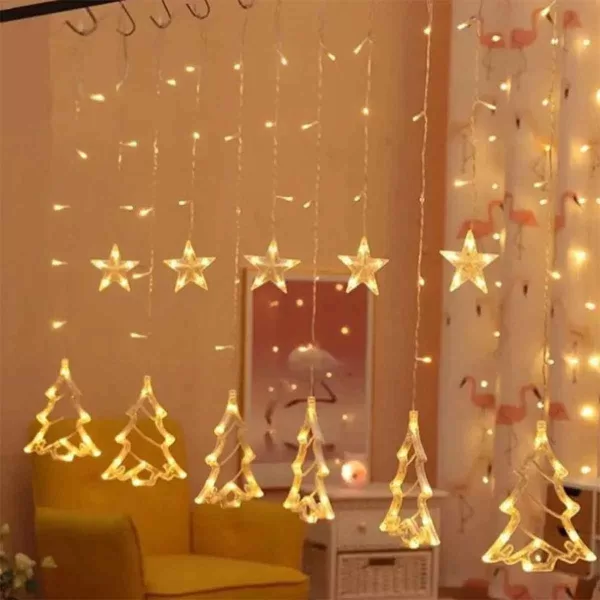 Χριστουγεννιάτικα Φωτάκια 3.6×0.8m Κουρτίνα Αστέρια Δέντρα BX-012 Θερμό Χρώμα