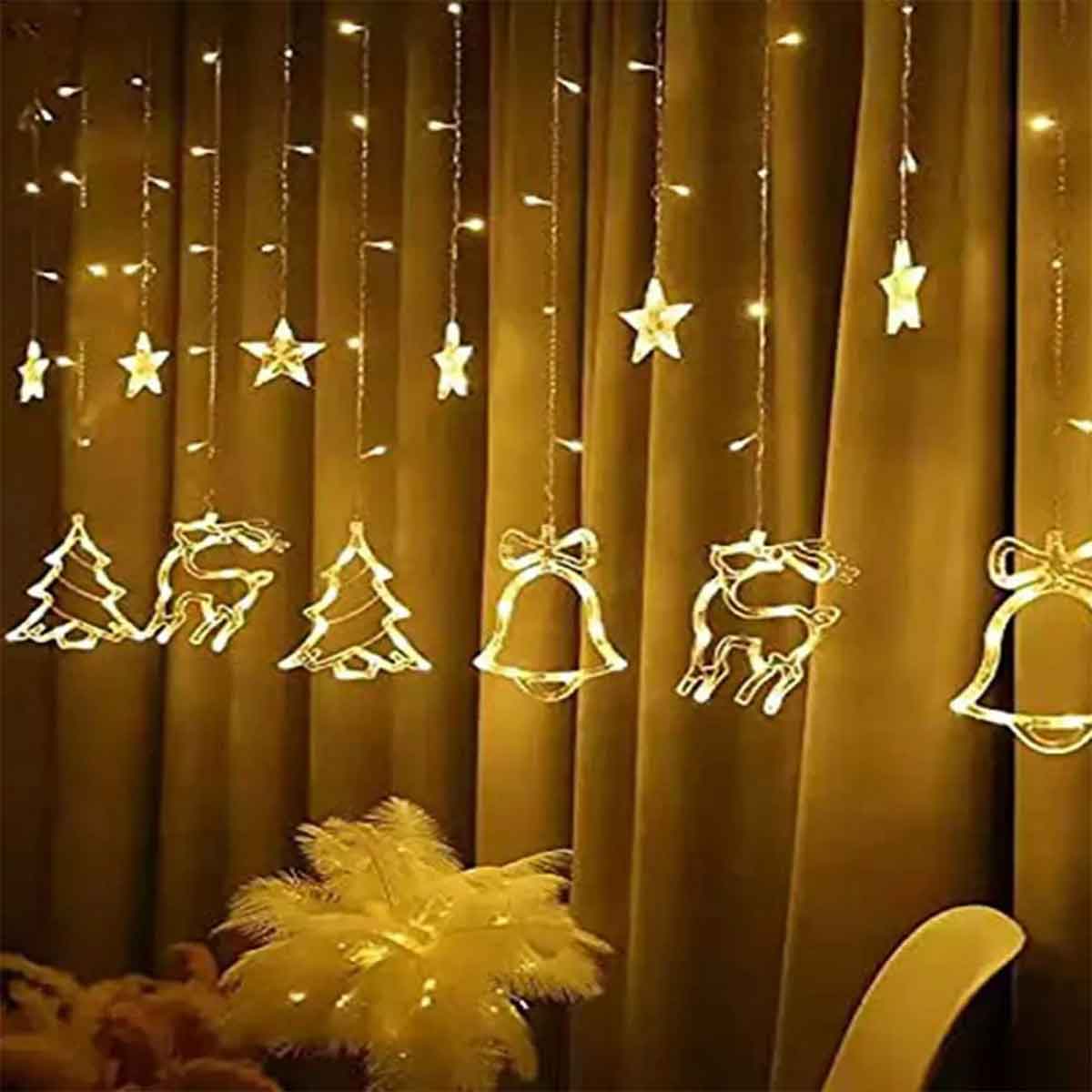 Χριστουγεννιάτικα Φωτάκια 3.6×0.8m Κουρτίνα Αστέρια Καμπάνες Eλάφια Δέντρα BX-025 Θερμό Χρώμα