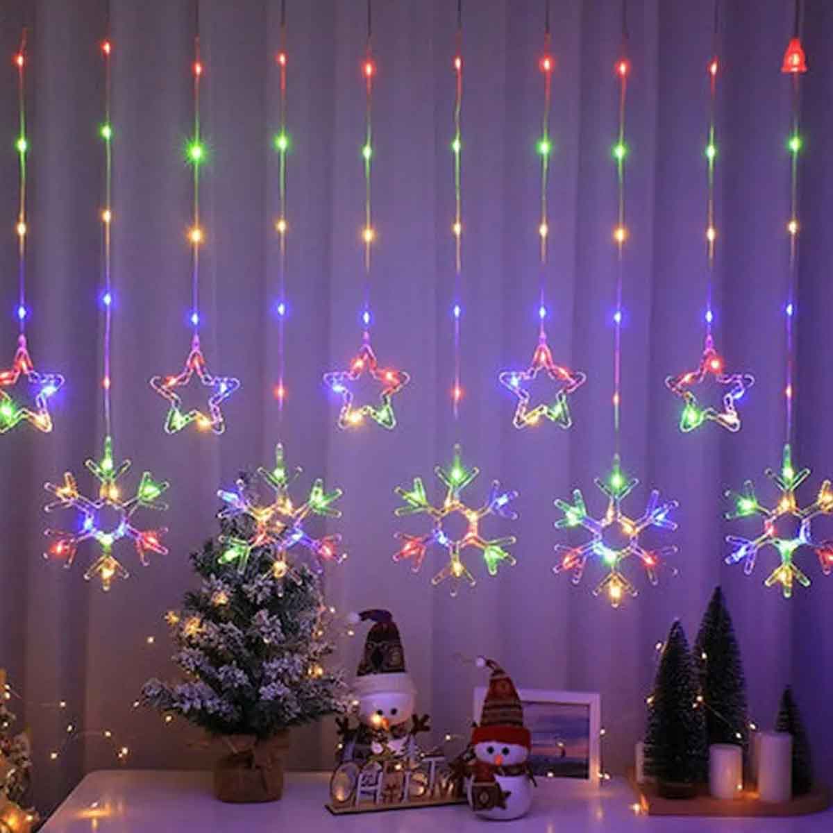 Χριστουγεννιάτικα Φωτάκια 3.6×0.8m Κουρτίνα Αστέρια Νιφάδες BX-033 Πολύχρωμα